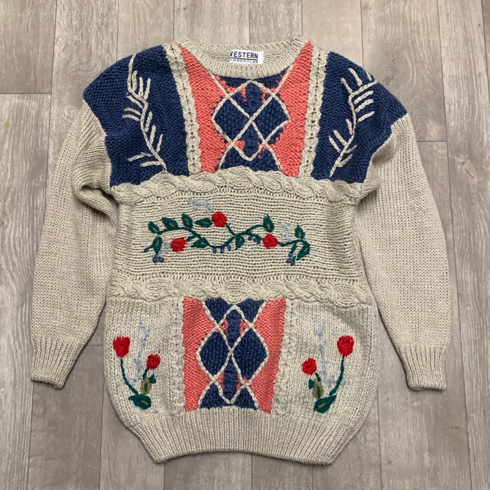 Vintage Western Connection Cable Knit Floral Embroidered Ramie Chunky‎ Sweater